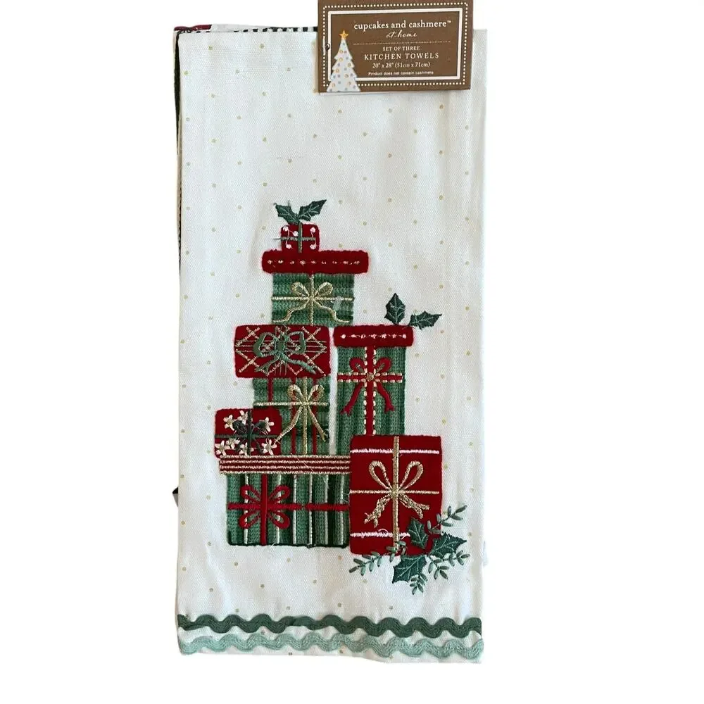 Cupcakes & Cashmere Christmas Present Kitchen Towels Set of 3 Embroidered New